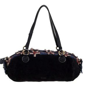 Moschino Black/Blue Suede and Fabric Bow Embellished Satchel y2k